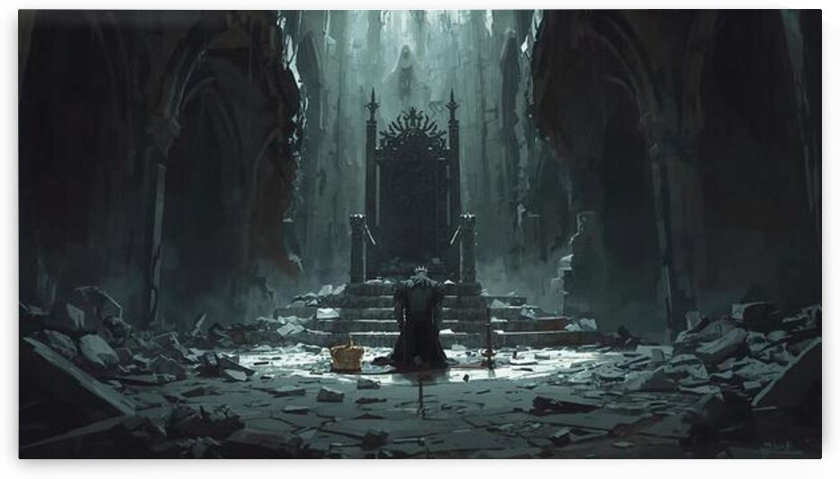 A broken throne room shattered walls a king kneeling alone crown fallen beside him ghostly ancestors rising in the shadows by Lamassu