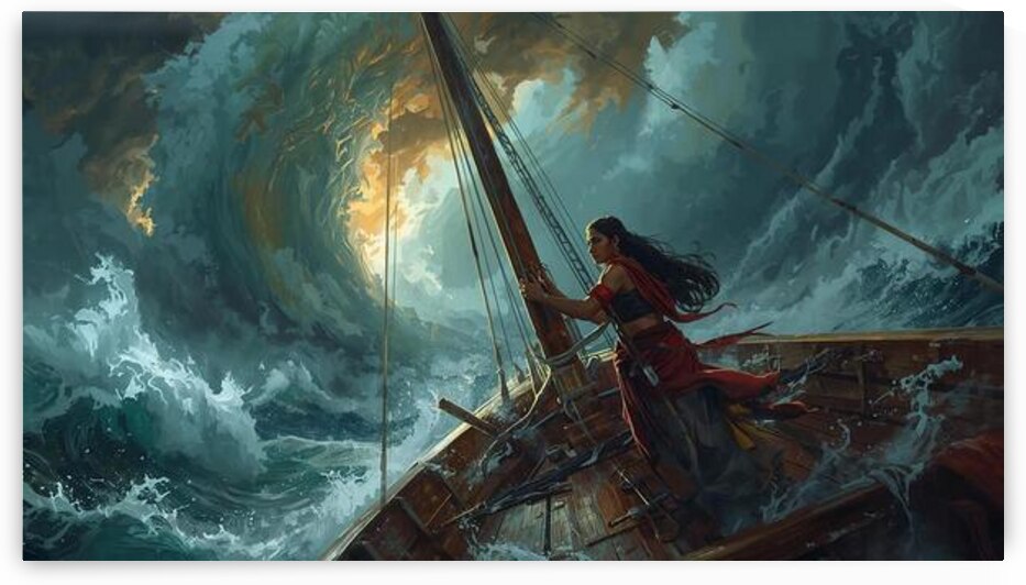 A sailor clinging to the mast of a broken ship in a violent storm giant waves shaped like ancient gods rising from the ocean by Lamassu