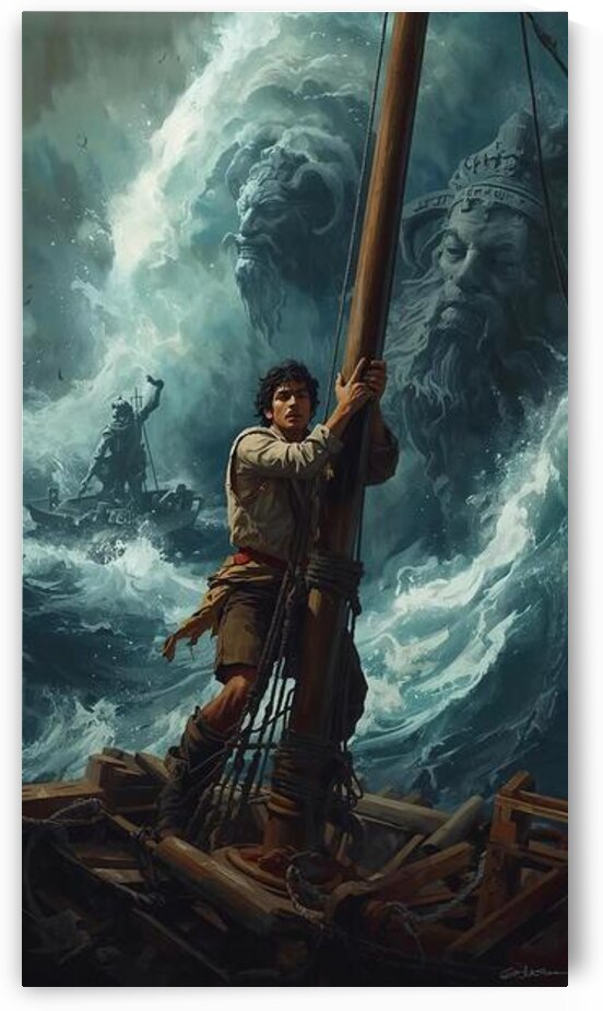 A sailor clinging to the mast of a broken ship in a violent storm giant waves shaped like ancient gods rising from the ocean  by Lamassu