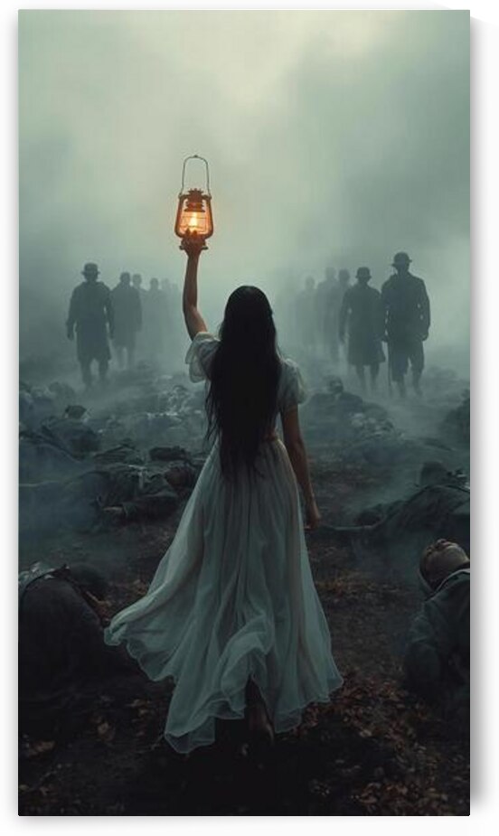 A young woman in a flowing white dress walking through a deserted battlefield at dawn carrying a lantern of hope ghostly fallen soldiers rising around her by Lamassu