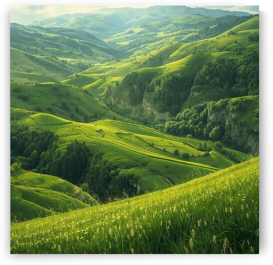 Enchanting natural mountain landscape of endless green fields stretching across rolling hills and valleys by Lamassu