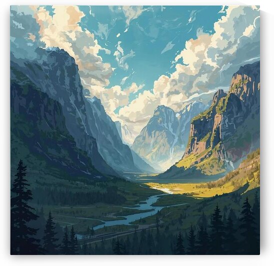 Scenic natural landscape of a vast valley surrounded by high mountains by Lamassu