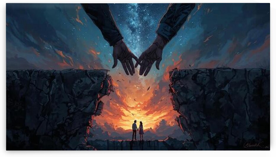 Two lovers on opposite sides of a crumbling bridge at dusk hands reaching out but unable to touch cosmic light breaking through the sky by Lamassu