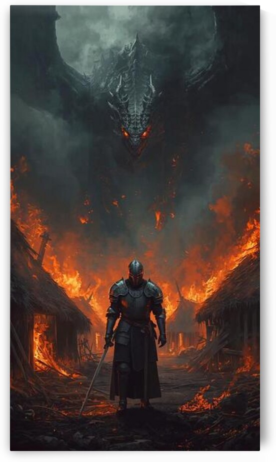 A lone knight at the edge of a burning village sword lowered torn between saving survivors and facing a monstrous dragon circling above by Lamassu