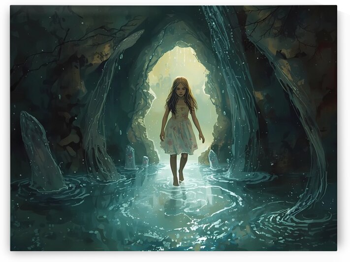 A young girl stepping through a doorway made  of flowing water into another time by Lamassu