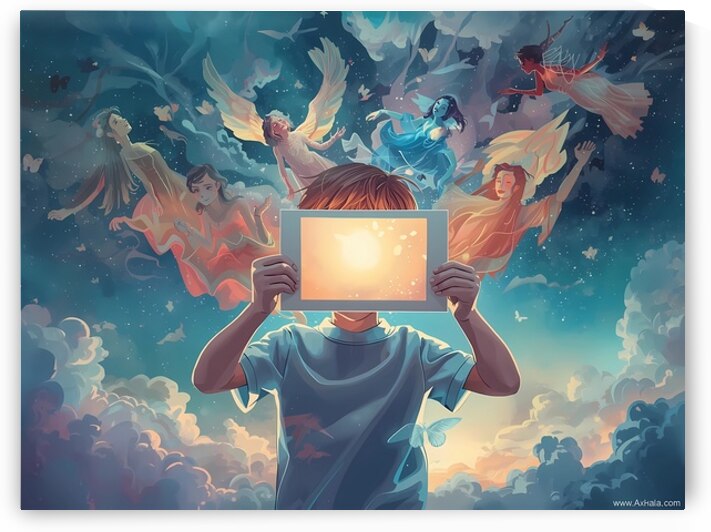 A child holding a photograph that comes alive figures stepping out of the picture by Lamassu