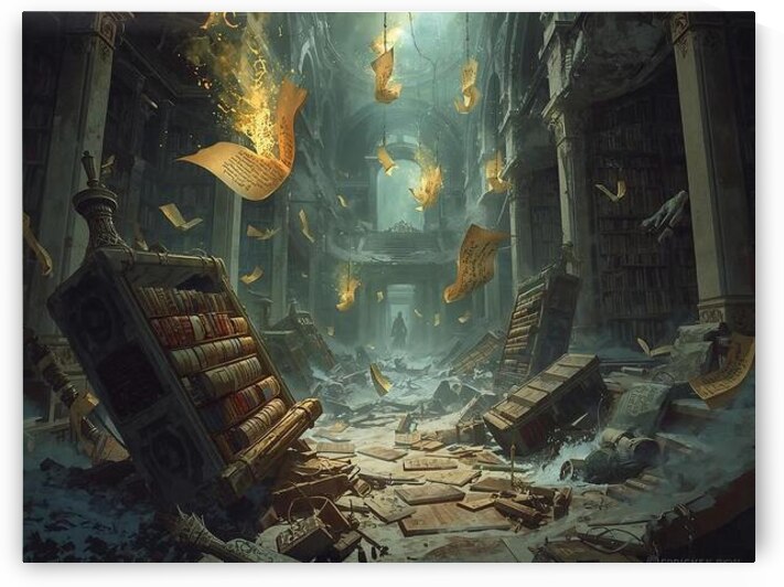 A ruined library where time itself is written into glowing scrolls floating in the air by Lamassu