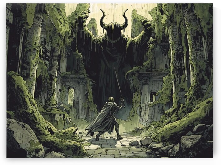 A knight fighting his own shadow in the ruins of a forgotten temple by Lamassu