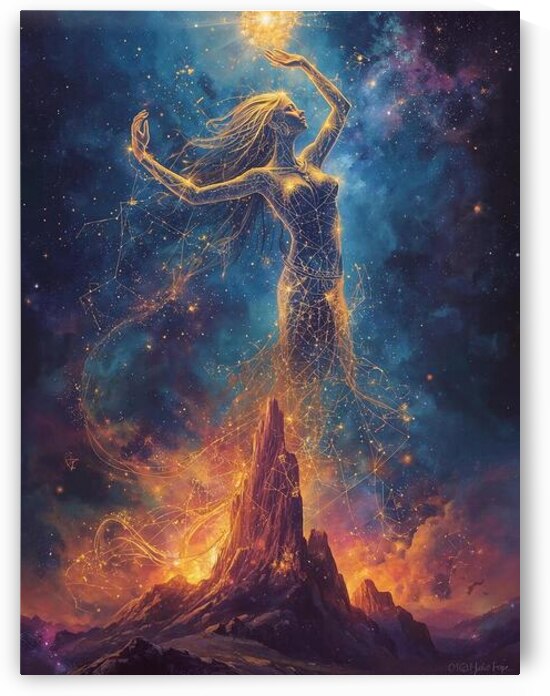 An ancient goddess made of constellations rising from the horizon  by Lamassu