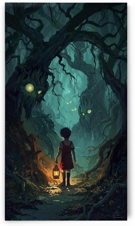 A child holding a lantern in a haunted forest glowing eyes watching from the shadows  by Lamassu