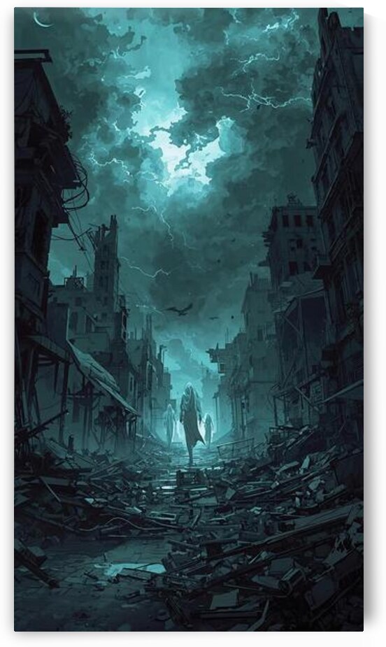A ruined city where ghosts roam the streets under stormy skies  by Lamassu