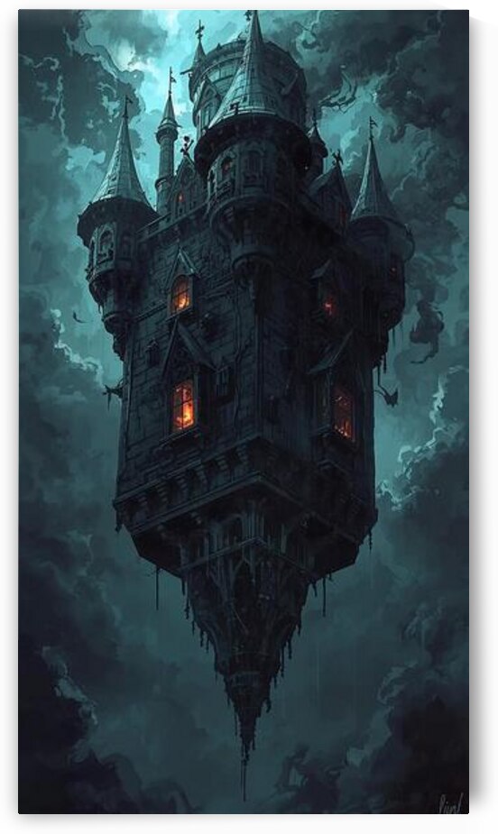 A castle floating upside down in a stormy sky glowing windows lit with dark fire by Lamassu