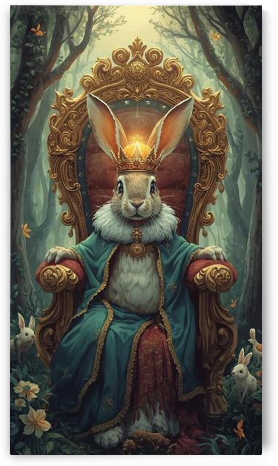A rabbit wearing a crown sitting on a throne in a glowing forest  by Lamassu