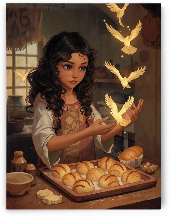 A girl baking bread each loaf turning into a glowing bird by Lamassu