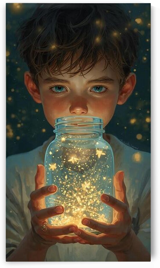 A boy holding a jar filled with captured fireflies that form constellations by Lamassu