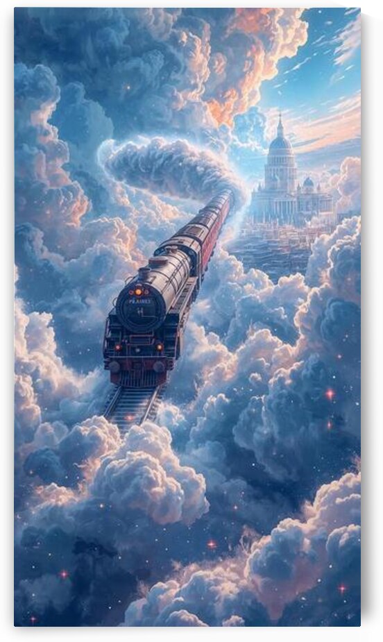 A train flying across the clouds towards a glowing city of dreams by Lamassu