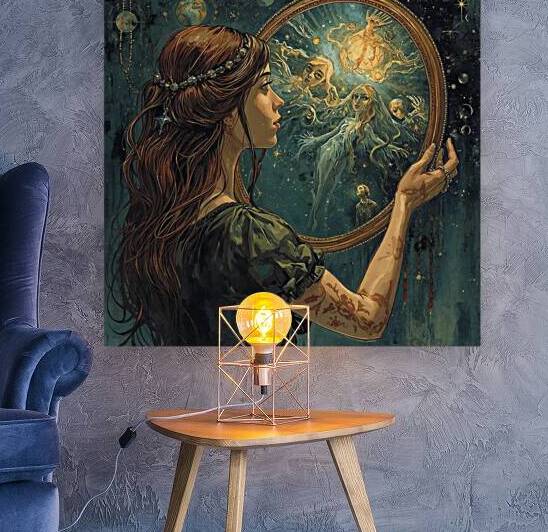 A woman holding a mirror that reflects another universe by Lamassu