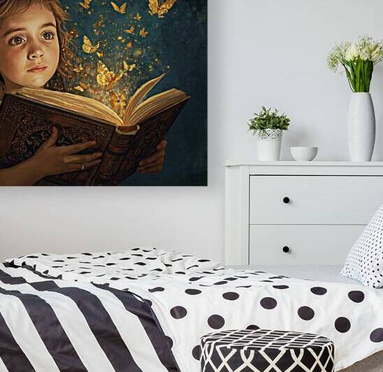 A girl opening a book golden butterflies flying out into the night sky by Lamassu