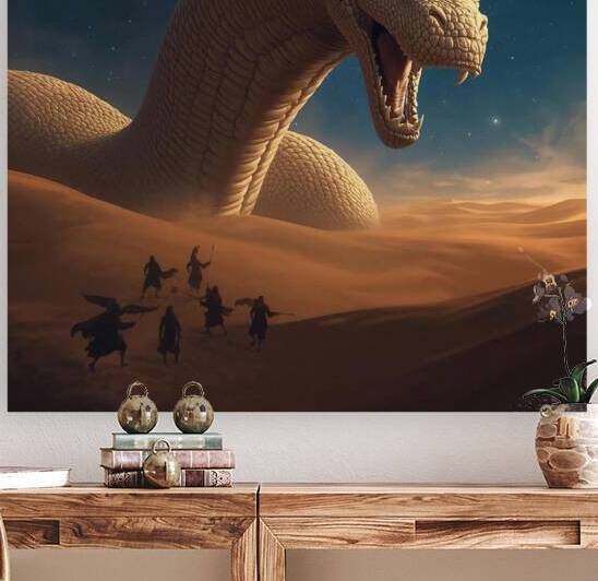 A giant sand serpent rising from the desert as nomads flee beneath the stars  by Lamassu