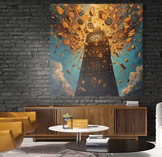 A clock tower exploding into golden fragments of time by Lamassu