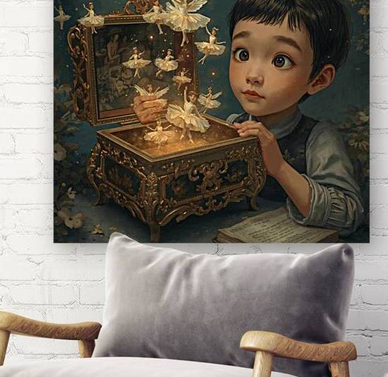 A boy opening a music box tiny glowing ballerinas by Lamassu