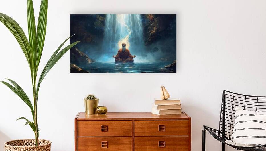 A monk meditating beneath a waterfall glowing aura rising around him sacred energy merging with the mist by Lamassu