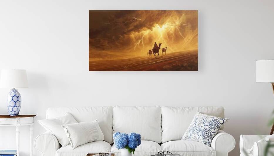 A desert nomad walking with a camel caravan under a storm of golden sand sky torn with lightning by Lamassu