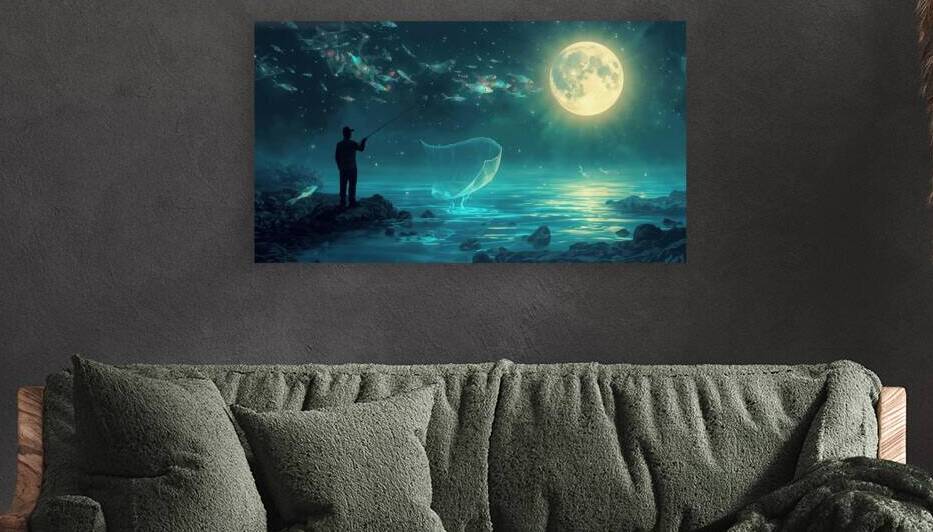 A lone fisherman casting a net on a glowing crystal lake under moonlight spirits of fish swimming in the air by Lamassu