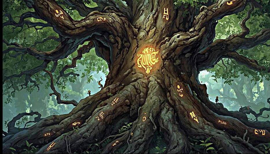 An ancient oak tree with roots shaped like human hands glowing runes carved into the bark by Lamassu