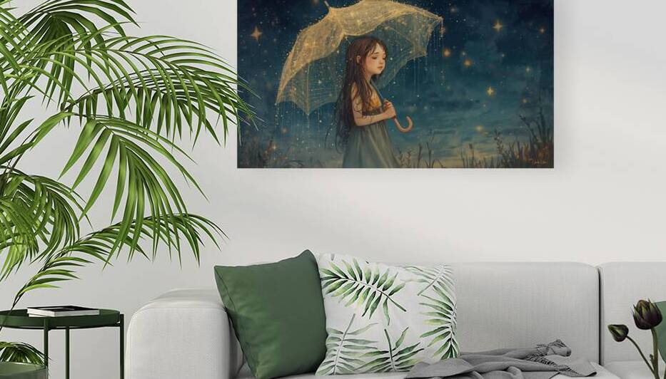 A girl holding an umbrella made of stars walking in the rain of glowing meteors by Lamassu
