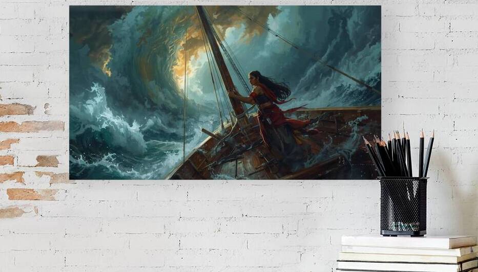 A sailor clinging to the mast of a broken ship in a violent storm giant waves shaped like ancient gods rising from the ocean by Lamassu