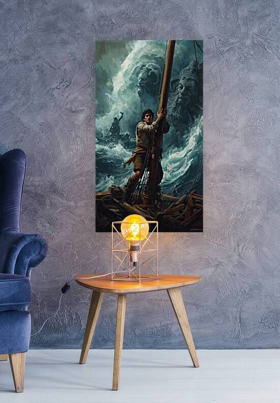 A sailor clinging to the mast of a broken ship in a violent storm giant waves shaped like ancient gods rising from the ocean  by Lamassu