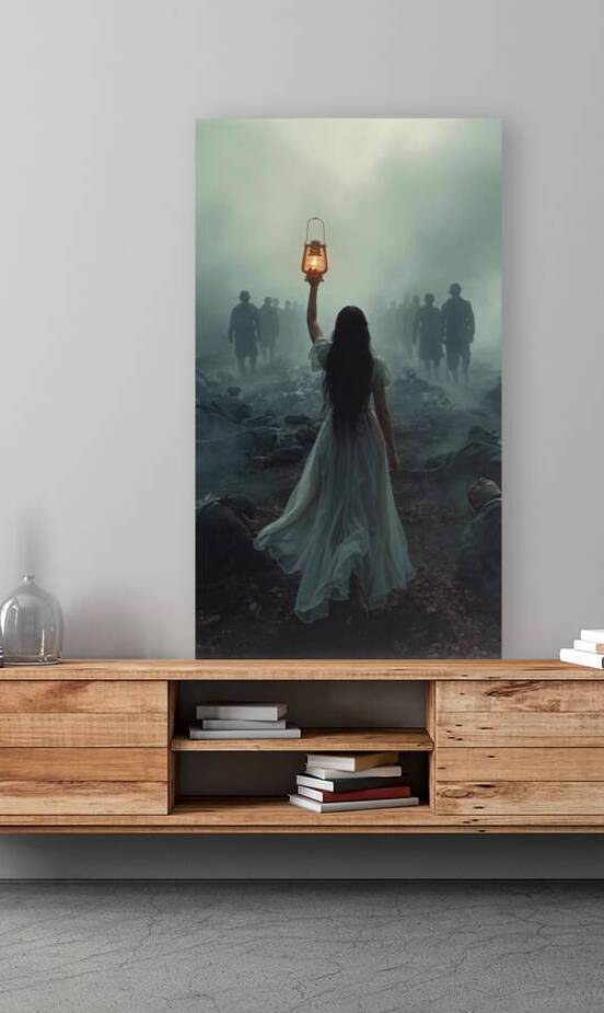 A young woman in a flowing white dress walking through a deserted battlefield at dawn carrying a lantern of hope ghostly fallen soldiers rising around her by Lamassu
