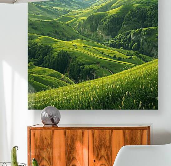 Enchanting natural mountain landscape of endless green fields stretching across rolling hills and valleys by Lamassu