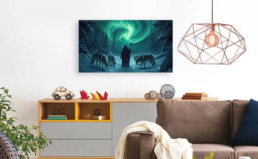 Snow covered forest at night a cloaked wanderer holding a glowing staff wolves bowing before him by Lamassu