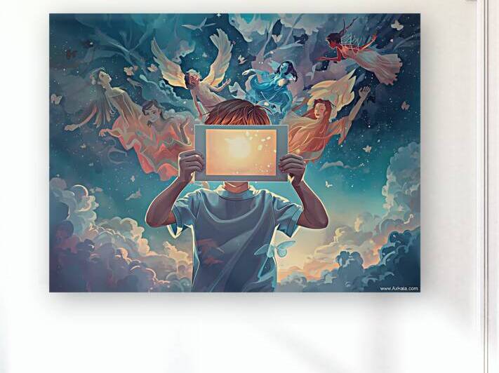 A child holding a photograph that comes alive figures stepping out of the picture by Lamassu