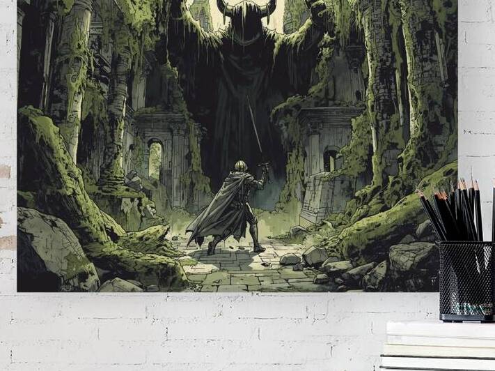 A knight fighting his own shadow in the ruins of a forgotten temple by Lamassu