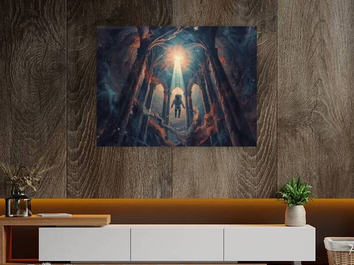 A lone astronaut floating inside a cathedral made of stars by Lamassu