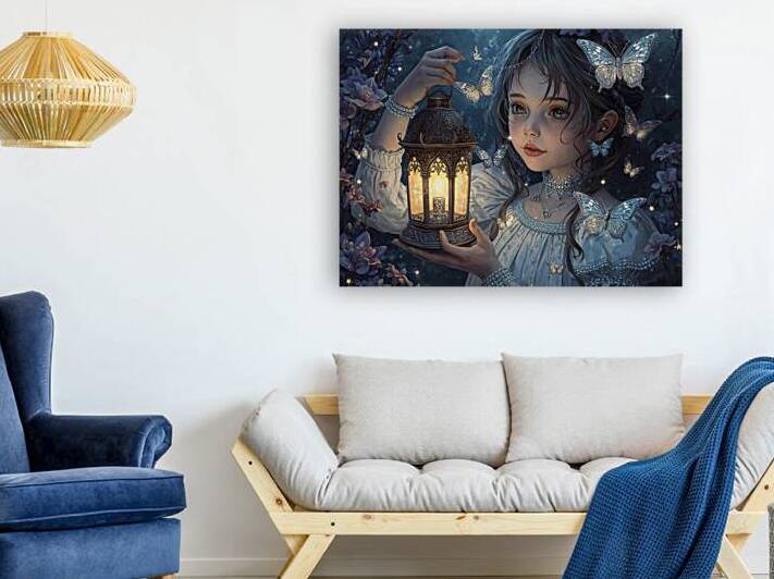 A girl holding a lantern that attracts glowing cosmic moths by Lamassu