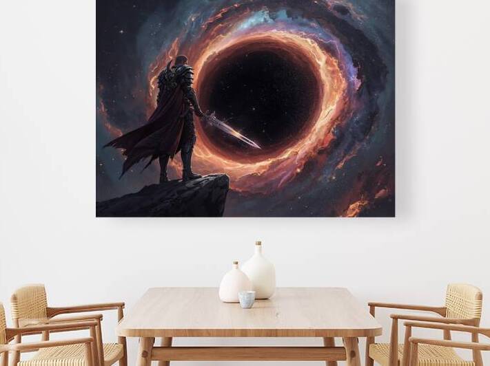 A warrior standing on the edge of a black hole sword glowing with starlight by Lamassu