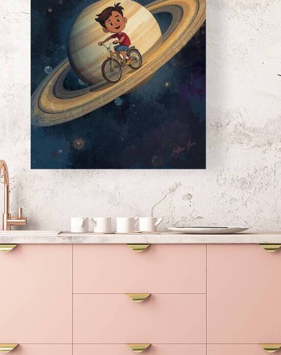 A boy riding a bicycle across Saturn’s rings by Lamassu
