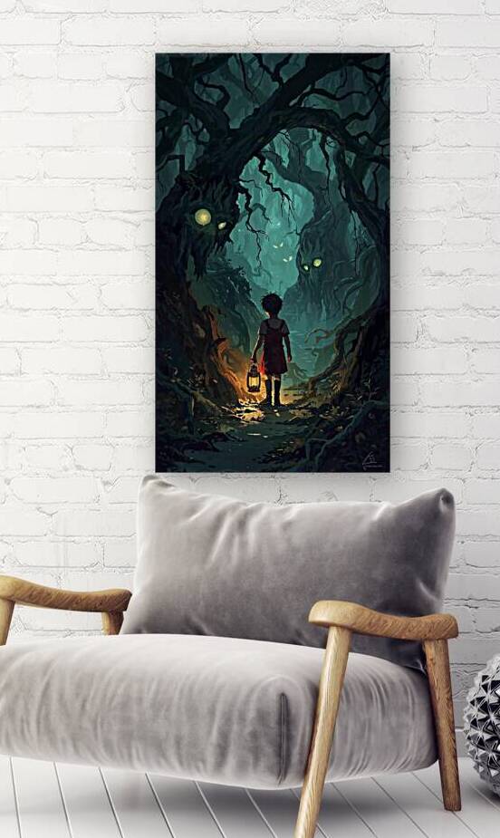 A child holding a lantern in a haunted forest glowing eyes watching from the shadows  by Lamassu