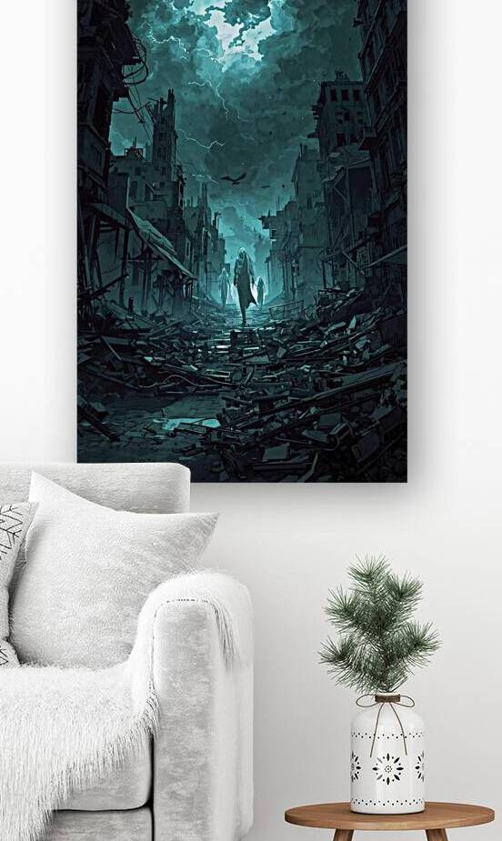 A ruined city where ghosts roam the streets under stormy skies  by Lamassu
