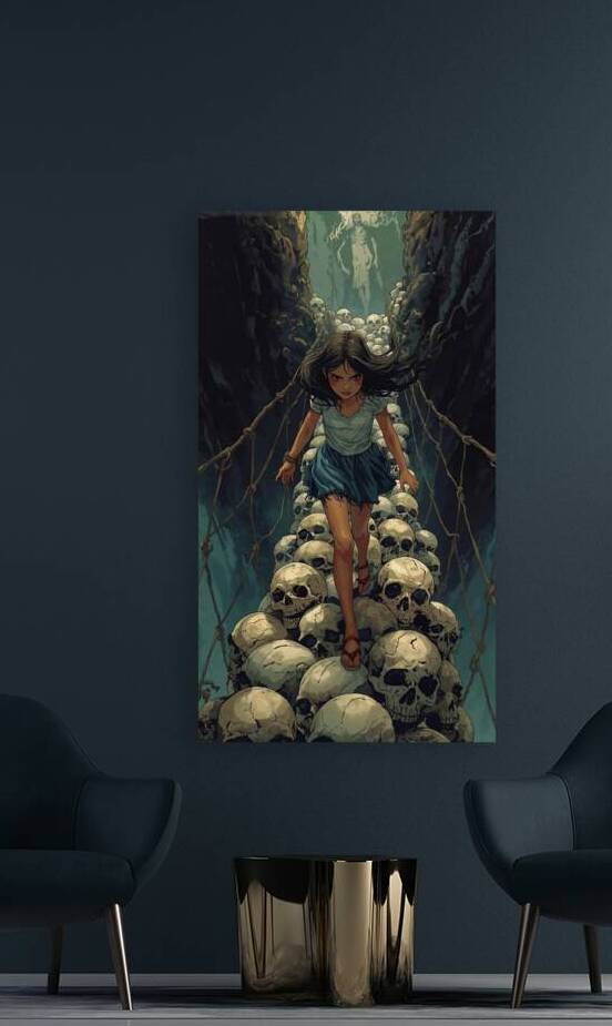 A girl walking across a bridge of skulls into a shadow realm by Lamassu