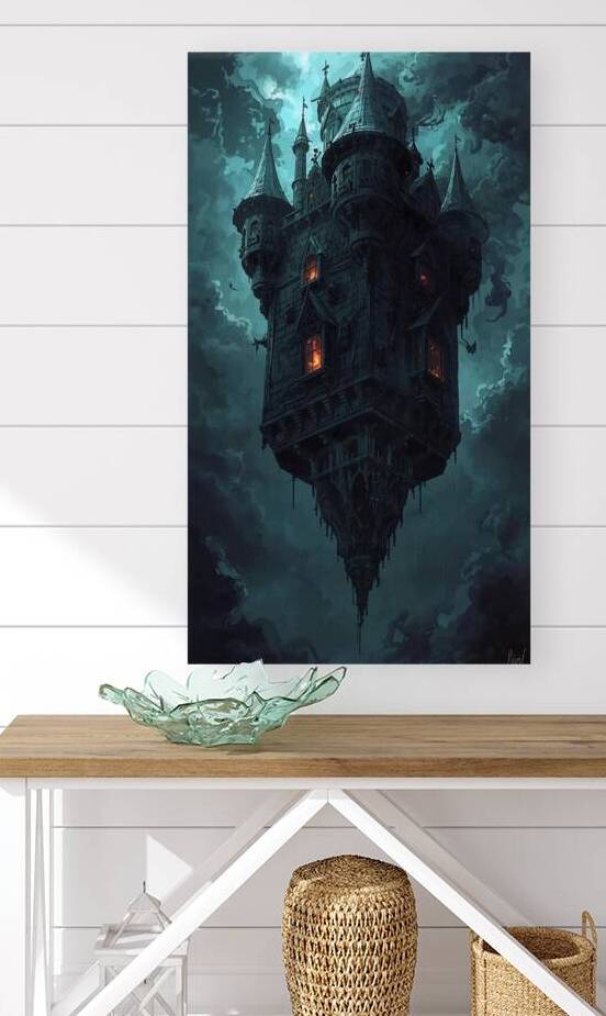 A castle floating upside down in a stormy sky glowing windows lit with dark fire by Lamassu