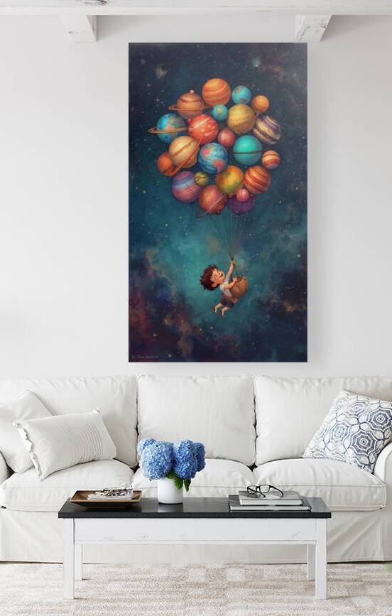 A child flying with balloons shaped like planets drifting across the universe by Lamassu
