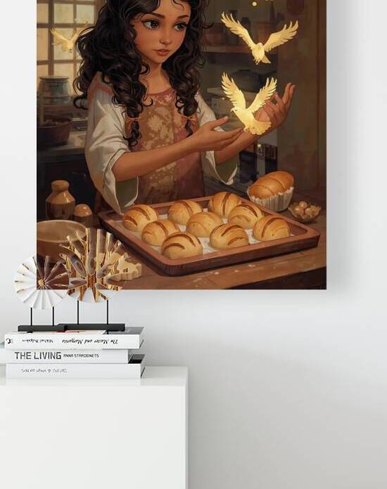 A girl baking bread each loaf turning into a glowing bird by Lamassu