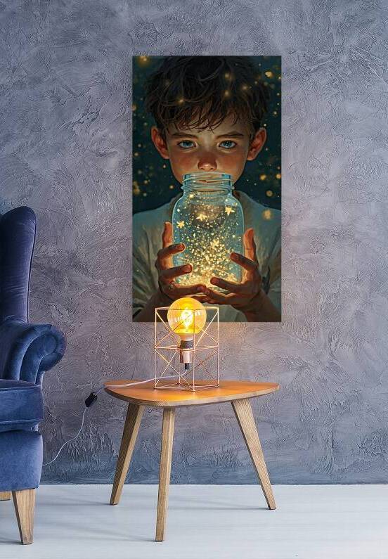 A boy holding a jar filled with captured fireflies that form constellations by Lamassu