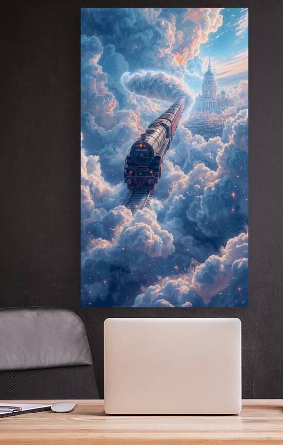 A train flying across the clouds towards a glowing city of dreams by Lamassu