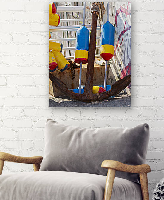 Old anchor with lobster buoys 7155 by Woodys Photos